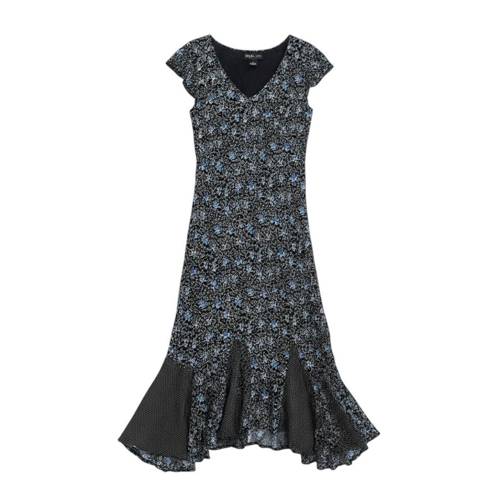 Style & Co Black Floral Polka Dot Fairycore Y2K Midi Dress Womens 8 Rayon V-Neck